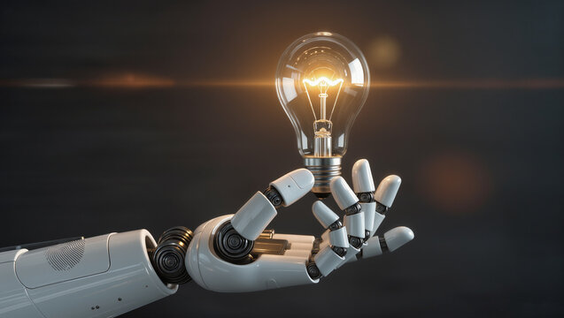 Robot Hand Holding Glowing Light Bulb, Artificial Intelligence Innovation Concept, Futuristic Technology Idea