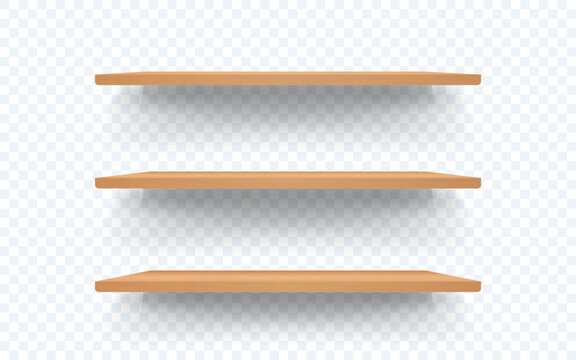 Shelf isolated. Wooden shelves on transparent background. Realistic wood racks for interior design, showcase or product display. Minimal 3d bookshelves for store or home. Vector illustration.