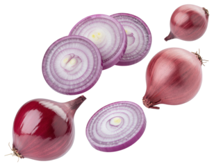 Freshly Sliced Purple and Red Onions with Whole Bulbs Isolated on Transparent Background
