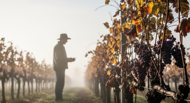 Farmer in side profile inspecting vineyard in misty morning - Powered by Adobe