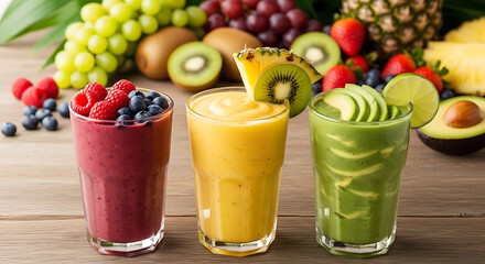 Colorful smoothie trio with fruit in the background
