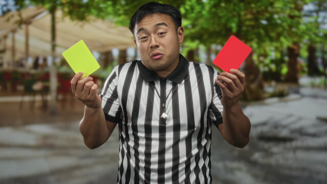 Man wearing referee jersey raises arms holding bright red card and yellow card on street; uncertainty.