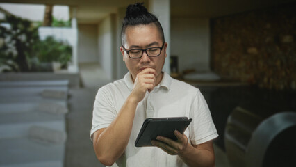 Man tapping tablet with fingers beside indoor spa pool loungers and towels, wearing glasses and white polo shirt while looking at screen; contemplation.