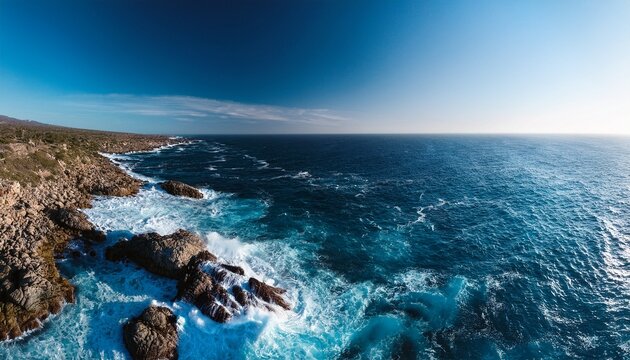 Aerial View Of Blue Ocean Waves Crashing On Rocky Shoreline - Powered by Adobe