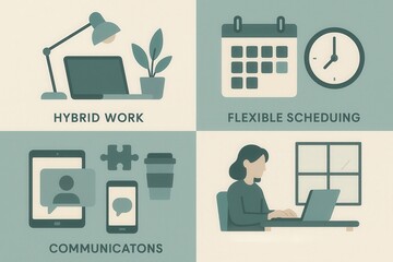 Depicting the dynamics of hybrid work showcasing flexible scheduling and communications technology in a serene workspace emphasizing productivity and modern work culture