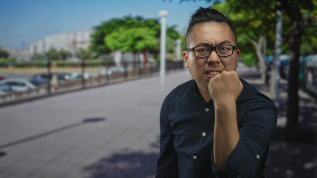 Man clenches fist on street promenade, squinting and scowling in a dark shirt and glasses; anger confrontation resolve. - Powered by Adobe