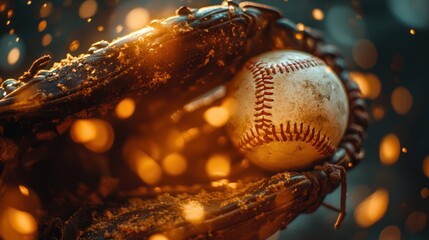 Baseball resting in a vintage leather glove