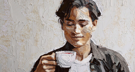 Digital oil painting of a young man drinking tea at work.
