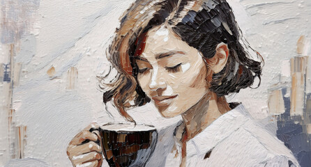 Digital oil painting of a young business woman drinking hot beverage at work.	