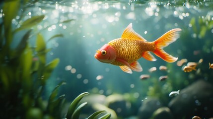 Fototapeta na wymiar Goldfish swimming in a home aquarium