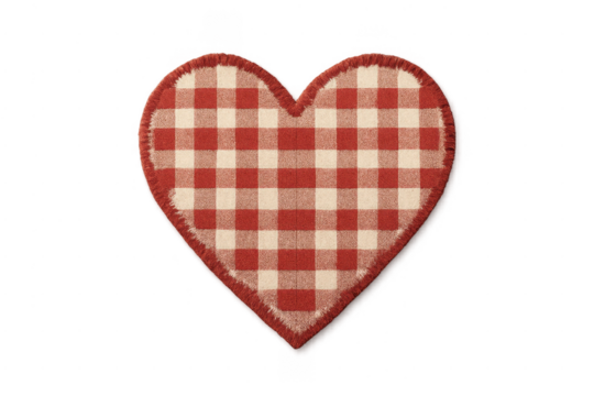 Heart shaped gingham fabric patch on transparent background - Powered by Adobe