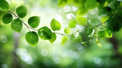 Obraz premium Fresh Green Leaves on a Branch with Soft Out of Focus Background in Bright Natural Light Creating a Peaceful and Relaxing Atmosphere in Nature