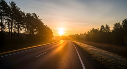 A scenic view of an empty highway during sunset with trees on both sides and a clear sky overhead, creating a peaceful and calm atmosphere for travelers