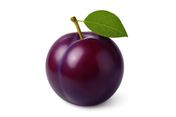 Ripe purple plum fruit with green leaf