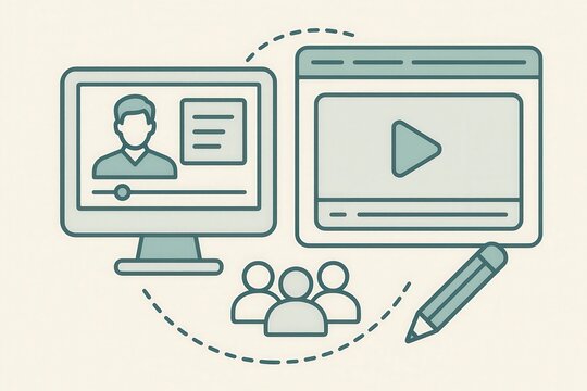 Engaging visual representation of online learning dynamics featuring interactive video content, digital ecosystem, and community engagement in a modern educational environment