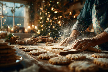 A person making christmas cookies on a table with a christmas tree in the background. Imaginary photorealistic image.
