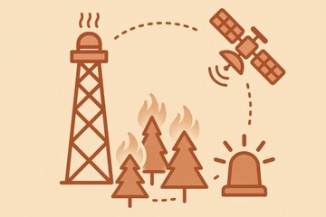 Satellite monitoring wildfires within forest landscapes enhanced by communication towers illustrating advanced environmental technology and proactive safety measures