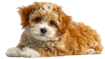 : Adorable Maltese poodle mix puppy sitting with tilted head and soft curly fur, sweet and friendly expression for pet care or greeting card design, isolated on white background