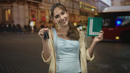 Woman smiling holding car keys and green learner plate on busy city street at night; new driver achievement pride.