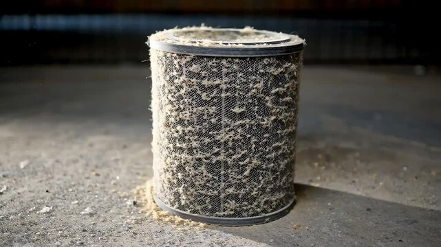 Close up of an extremely dirty cylindrical air purifier filter covered in thick dust and lint sitting on a gray concrete floor
