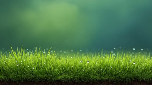 Fresh Green Grass with Dew Drops Glimmering in Morning Light, Nature Background for Peaceful Atmosphere and Tranquil Scenery - Powered by Adobe