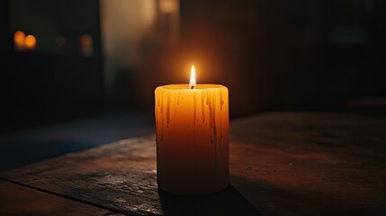 A single candle burns quietly in a dark room, casting a warm glow on aged walls and a wooden floor. Shadows flicker softly, evoking solitude, peace, memory, and quiet reflection. Generative Ai
