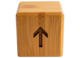 Bamboo wood cube with an upward pointing arrow carved into its front face.
