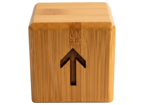 Bamboo wood cube with an upward pointing arrow carved into its front face.