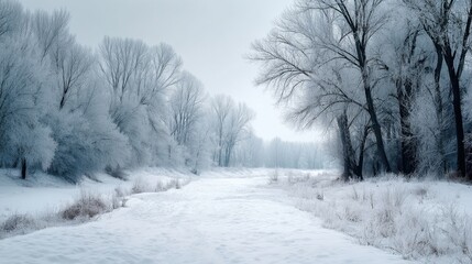 Serene Winter Landscape with Frost-Covered Trees and Snowy Ground in a Tranquil Outdoor Scene During a Cold Day in the Wilderness