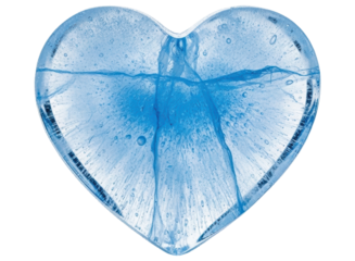 Sparkling blue heart shaped ice cube with intricate cracks and air bubbles