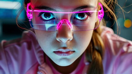 Futuristic Gaze: A close-up shot of a focused individual wearing vibrant, futuristic eyewear, their gaze intense and captivating, set against a backdrop of technology and innovation.