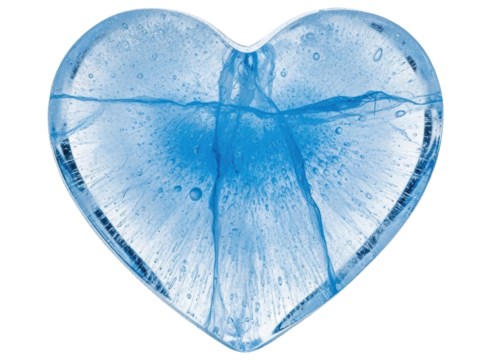 Sparkling blue heart shaped ice cube with intricate cracks and air bubbles