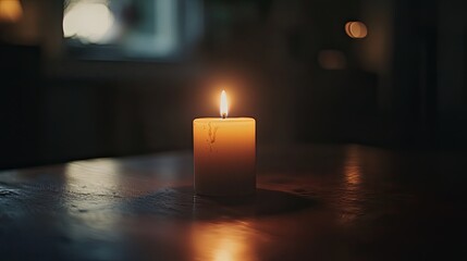A single candle burns quietly in a dark room, casting a warm glow on aged walls and a wooden floor. Shadows flicker softly, evoking solitude, peace, memory, and quiet reflection. Generative Ai