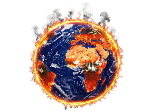 Planet earth engulfed in flames and smoke, symbolizing global warming crisis - Powered by Adobe