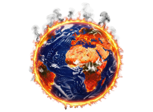 Planet earth engulfed in flames and smoke, symbolizing global warming crisis