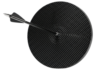 Black arrow hitting the bullseye of a sleek carbon fiber target, symbolizing success