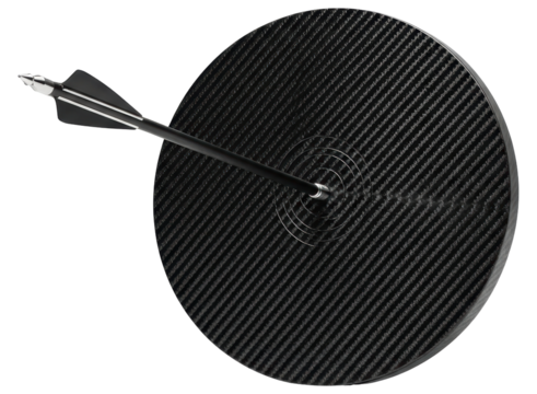 Black arrow hitting the bullseye of a sleek carbon fiber target, symbolizing success