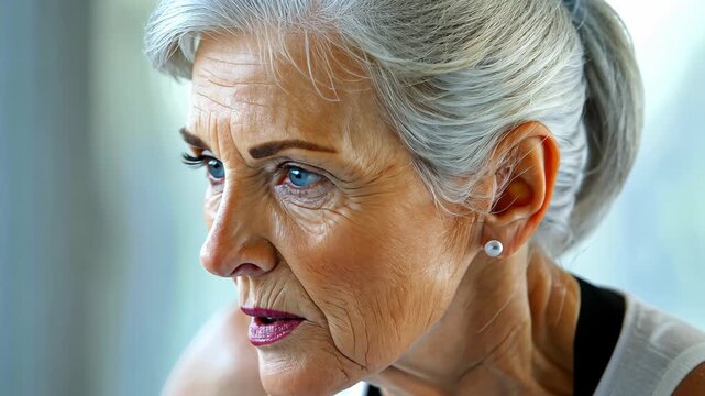 Timeless Gaze: An elegant senior woman with striking silver hair and piercing blue eyes, her face etched with wisdom and experience, gazes thoughtfully into the distance.