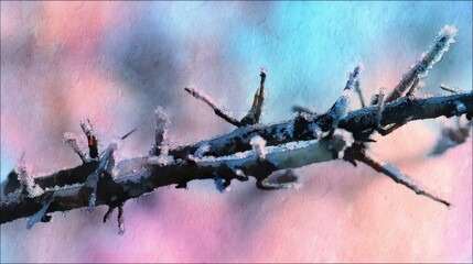 Frosted Thorny Branch on a Colorful Background Showcasing Subtle Beauty of Nature in Winter with Artistic and Abstract Elements