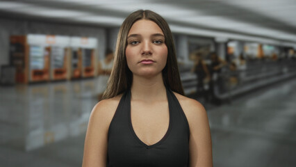 Teenage girl smiles showing bare shoulders at an airport terminal; confidence anticipation journey freedom.