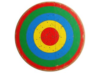 Used wooden archery target with colorful rings and multiple arrow holes
