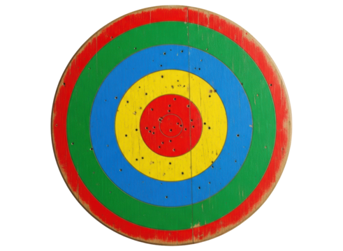 Used wooden archery target with colorful rings and multiple arrow holes