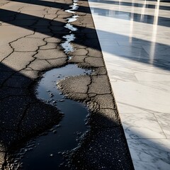 A contrasting scene of cracked dry ground with a water stream and a polished marble floor reflecting sunlight, highlighting different textures and surfaces