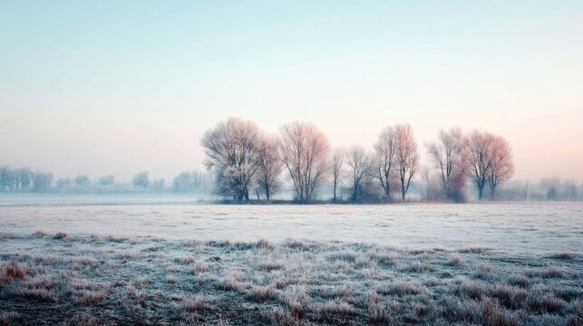 Serene Winter Landscape with Frosty Field and Bare Trees in Early Morning Light, Soft Hues of Blue and Pink in the Sky