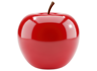Shiny red apple with a brown stem, rendered in 3d with a glossy finish