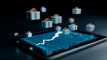 A digital tablet displays a graph while small gift boxes float around it like moving data points
