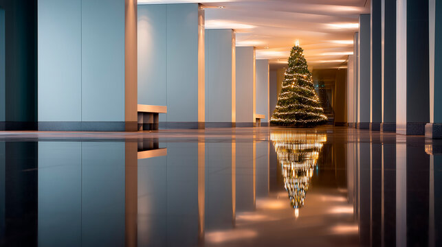 A corporate office hallway with a Christmas tree