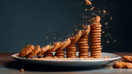 A collection of Christmas cookies arranged on a plate forming an ascending bar graph, with crumbs falling like small financial drops