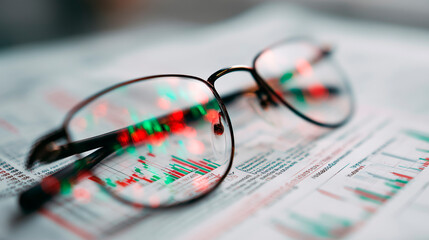 A pair of glasses rests on financial documents
