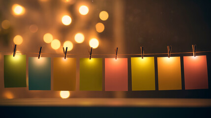 A collection of sticky notes hanging from a thread, against a blurred background of lights